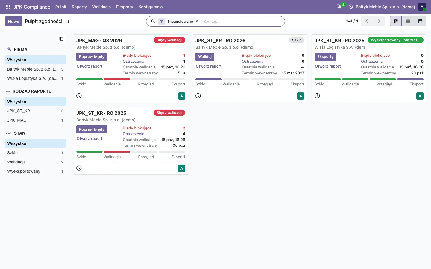 JPK Compliance dashboard in Odoo: compliance reports per company on a kanban board with error and warning counts